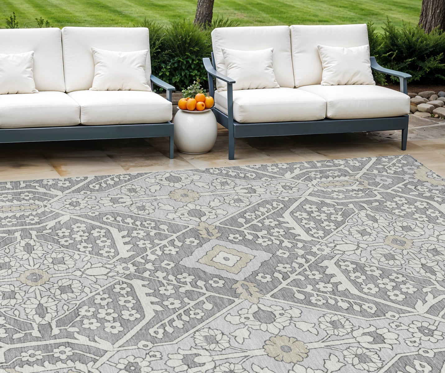 9' X 12' Gray Ivory And Silver Floral Washable Indoor Outdoor Area Rug