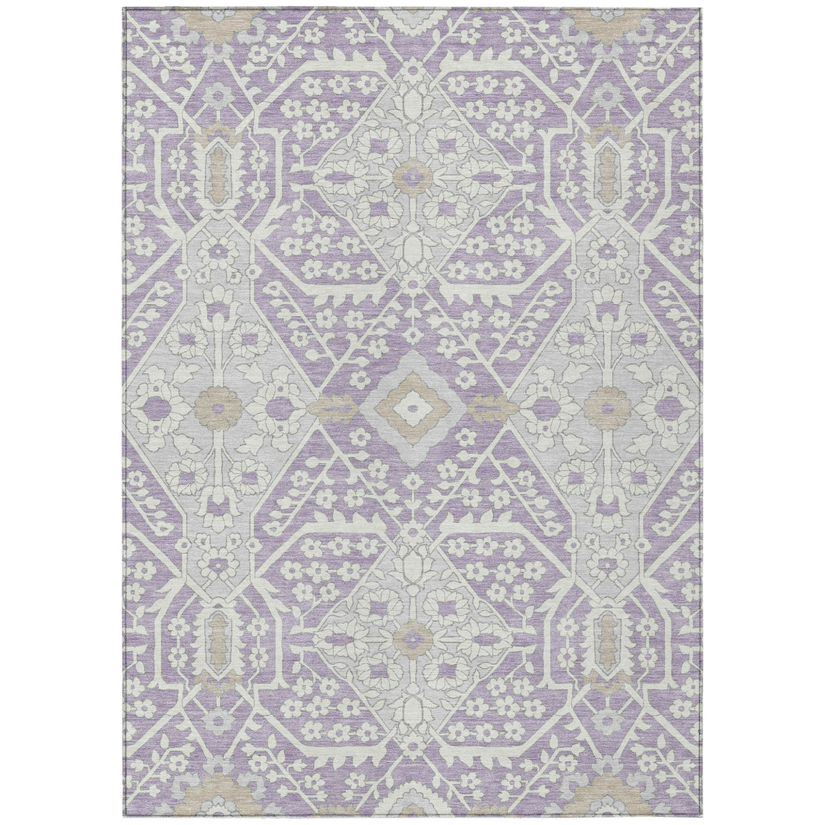 5' X 8' Lavender Gray And Beige Floral Washable Indoor Outdoor Area Rug