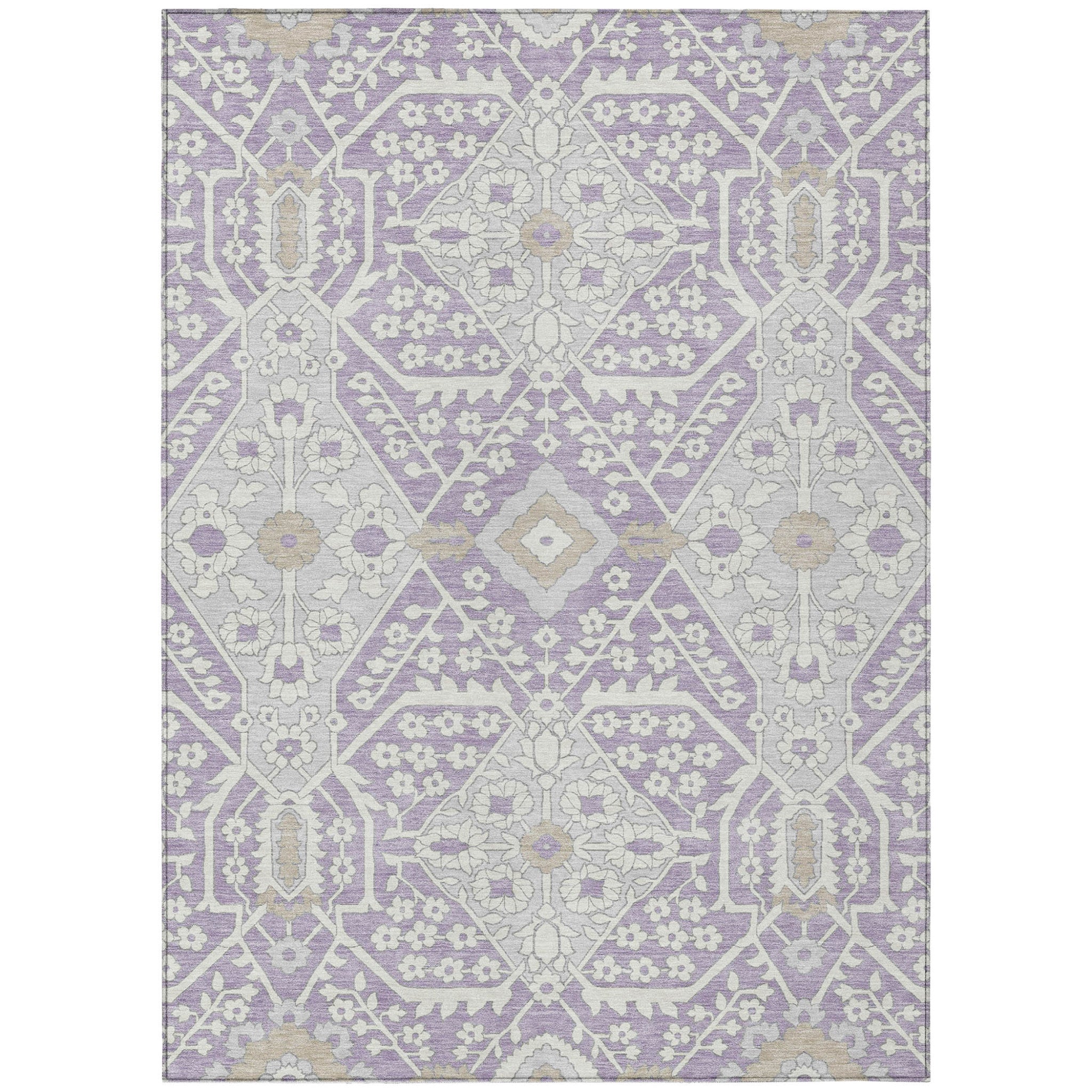 5' X 8' Lavender Gray And Beige Floral Washable Indoor Outdoor Area Rug