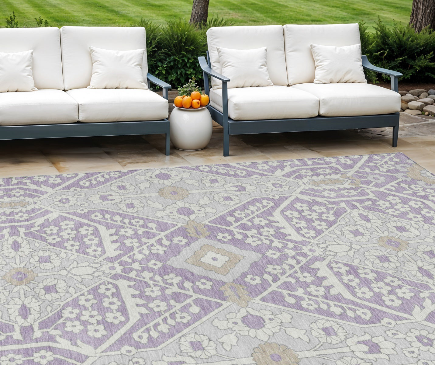 9' X 12' Lavender Gray And Beige Floral Washable Indoor Outdoor Area Rug