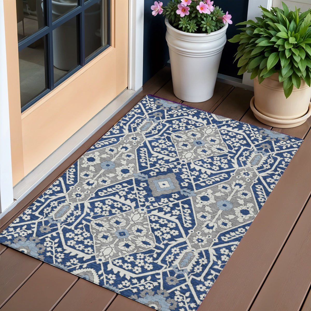 3' X 5' Navy Blue Gray And Ivory Floral Washable Indoor Outdoor Area Rug