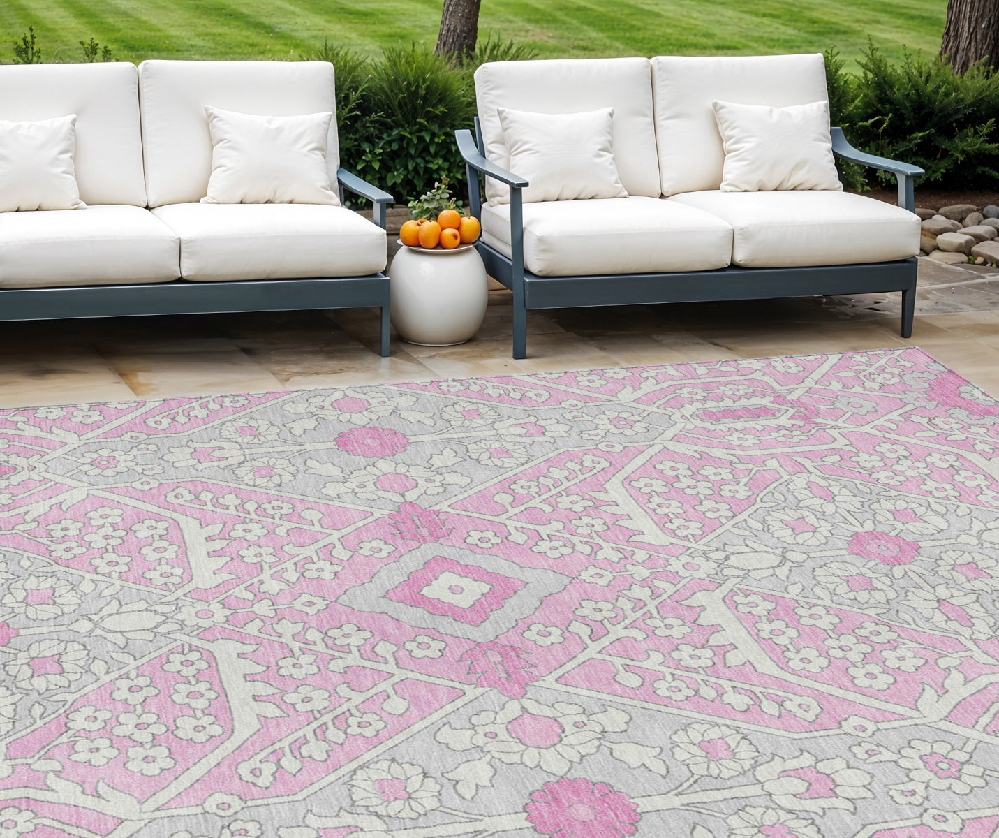 8' X 10' Pink Ivory And Gray Floral Washable Indoor Outdoor Area Rug