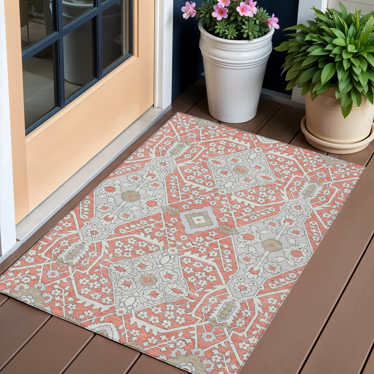 3' X 5' Salmon Gray And Taupe Floral Washable Indoor Outdoor Area Rug
