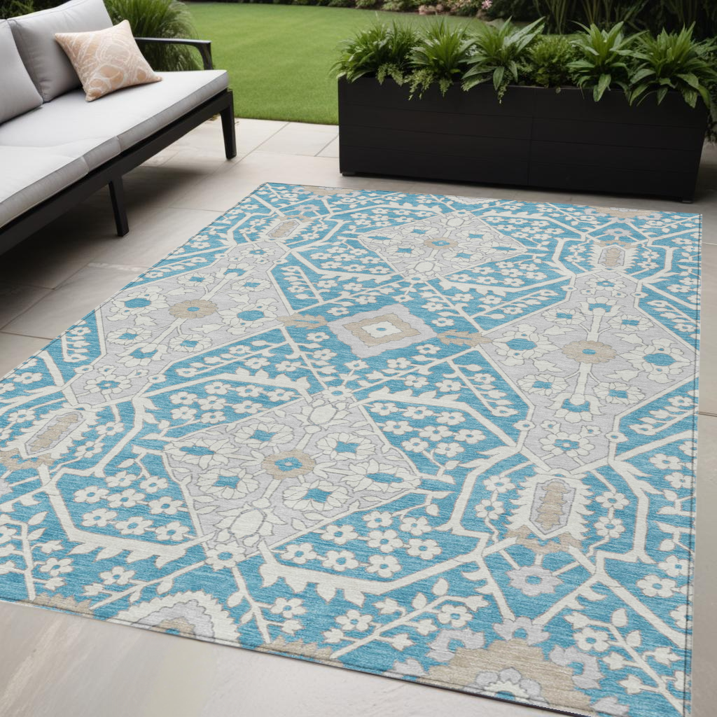 5' X 8' Teal Blue Gray And Beige Floral Washable Indoor Outdoor Area Rug