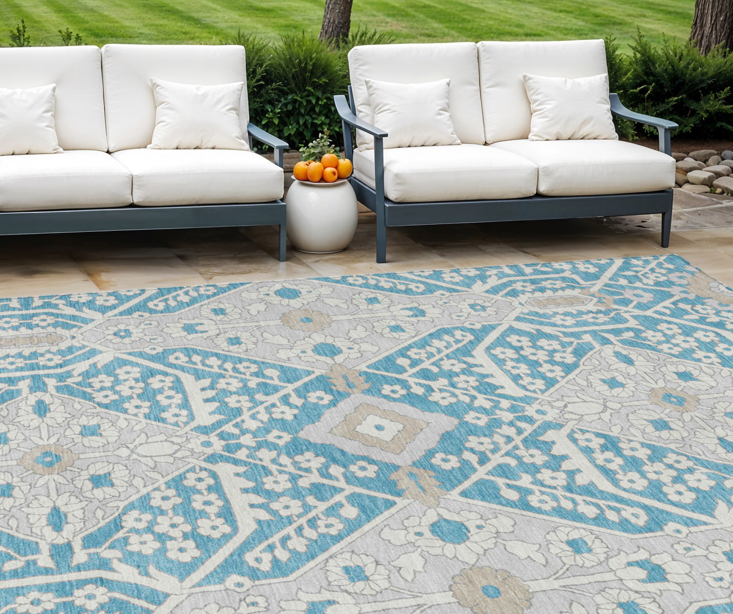 9' X 12' Teal Blue Gray And Beige Floral Washable Indoor Outdoor Area Rug