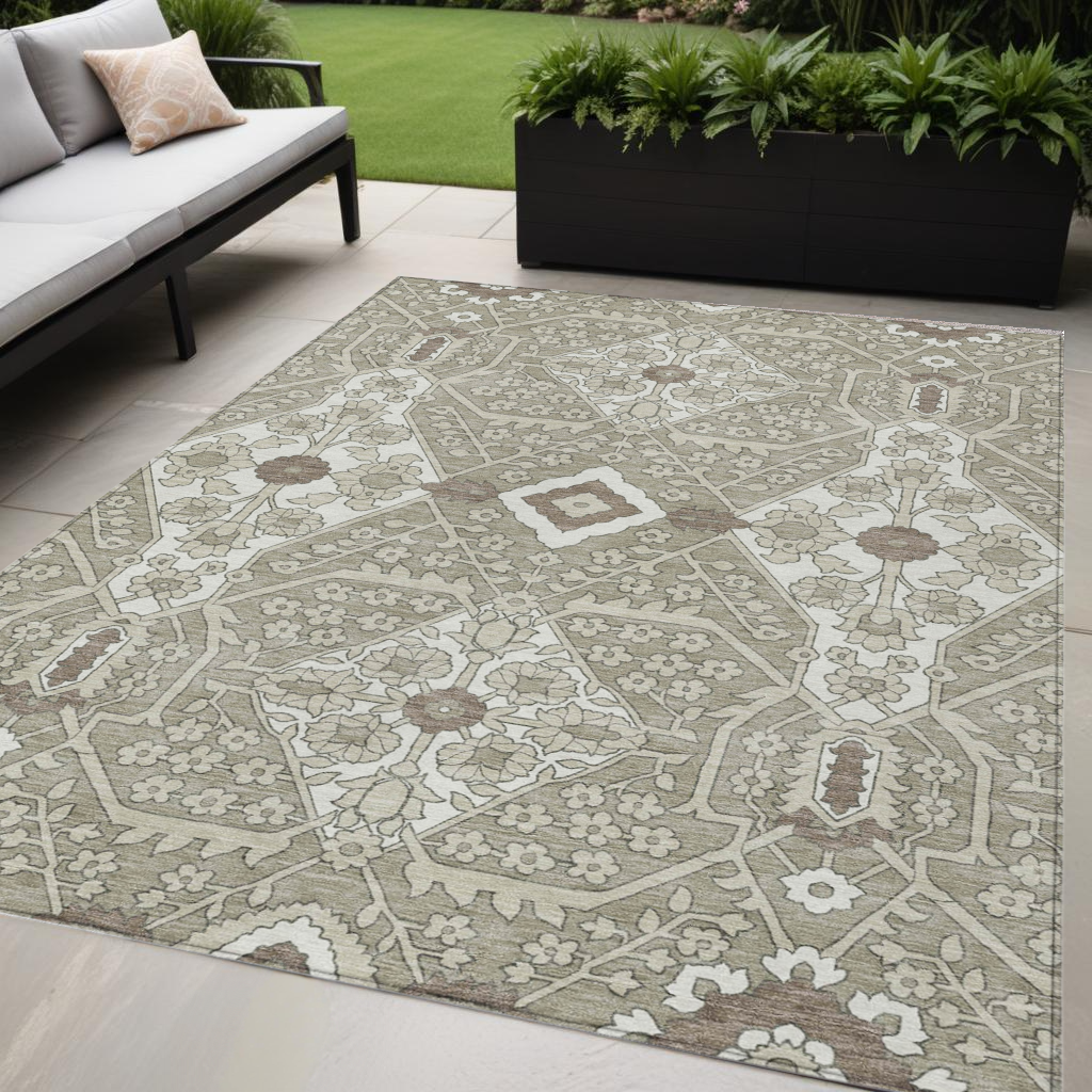 5' X 8' Taupe Beige And Ivory Floral Washable Indoor Outdoor Area Rug