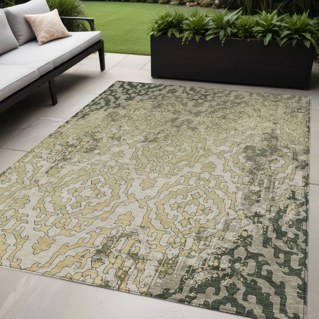 5' X 8' Artichoke Green And Beige Medallion Washable Indoor Outdoor Area Rug