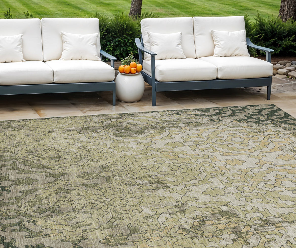 9' X 12' Artichoke Green And Beige Medallion Washable Indoor Outdoor Area Rug