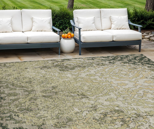 10' X 14' Artichoke Green And Beige Medallion Washable Indoor Outdoor Area Rug