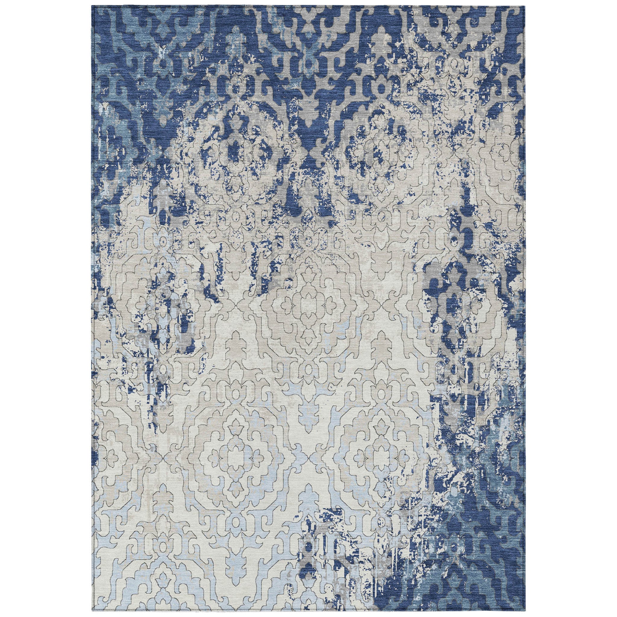 10' X 14' Navy Blue Beige And Sky Blue Medallion Washable Indoor Outdoor Area Rug