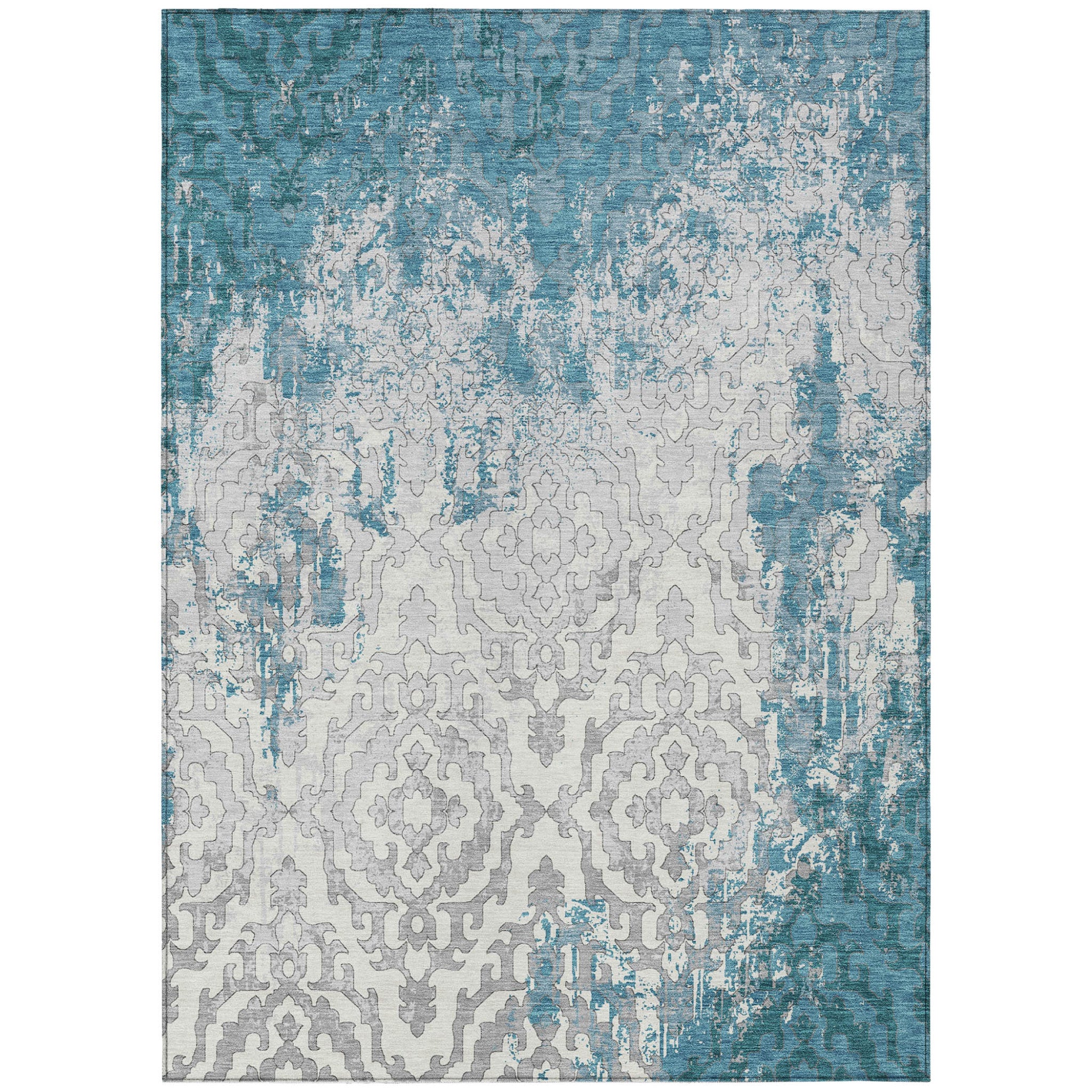 3' X 5' Teal Blue Gray And Ivory Medallion Washable Indoor Outdoor Area Rug
