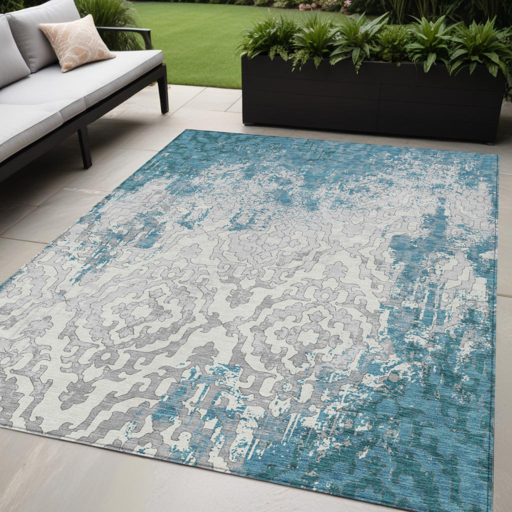 5' X 8' Teal Blue Gray And Ivory Medallion Washable Indoor Outdoor Area Rug