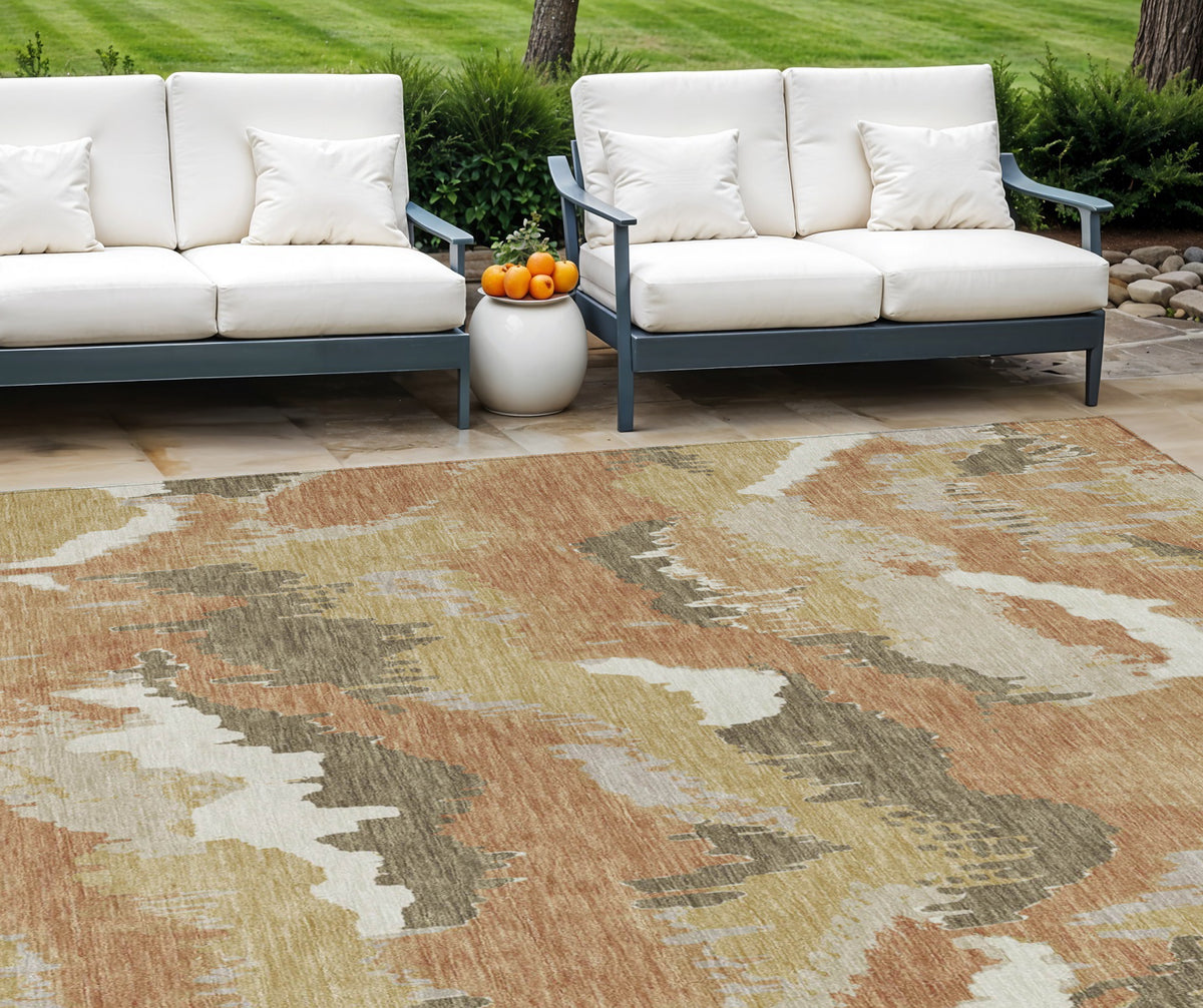 9' X 12' Copper Ivory And Brown Abstract Washable Indoor Outdoor Area Rug