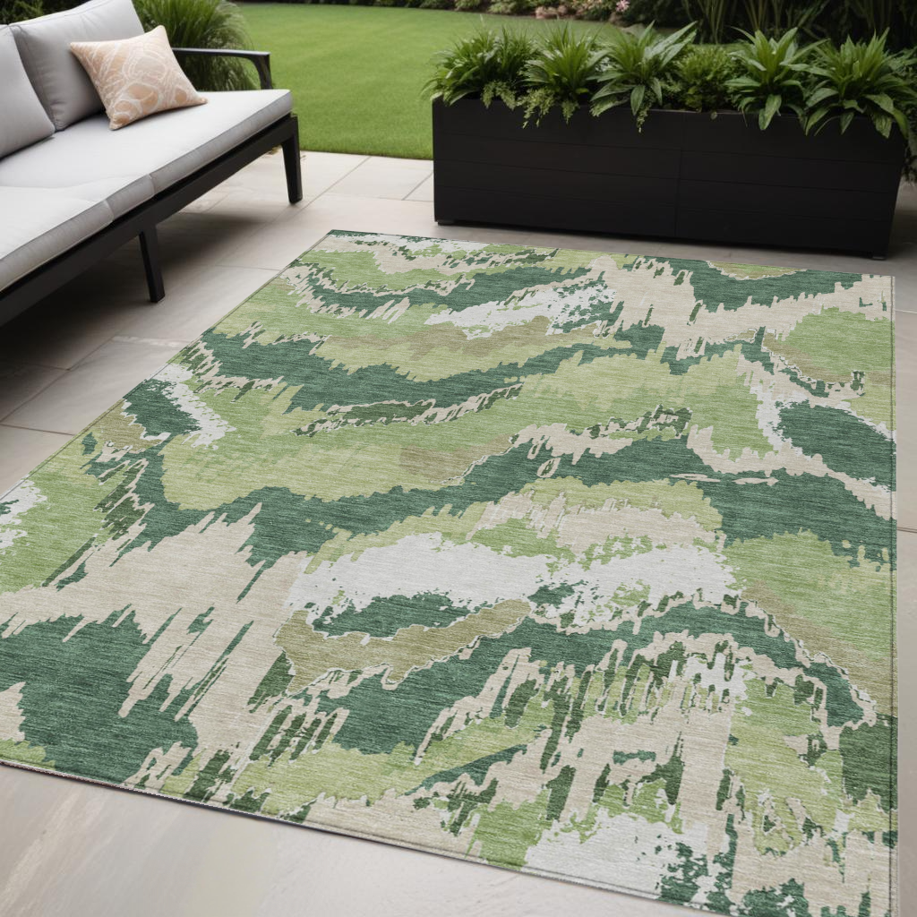 5' X 8' Green Ivory And Beige Abstract Washable Indoor Outdoor Area Rug