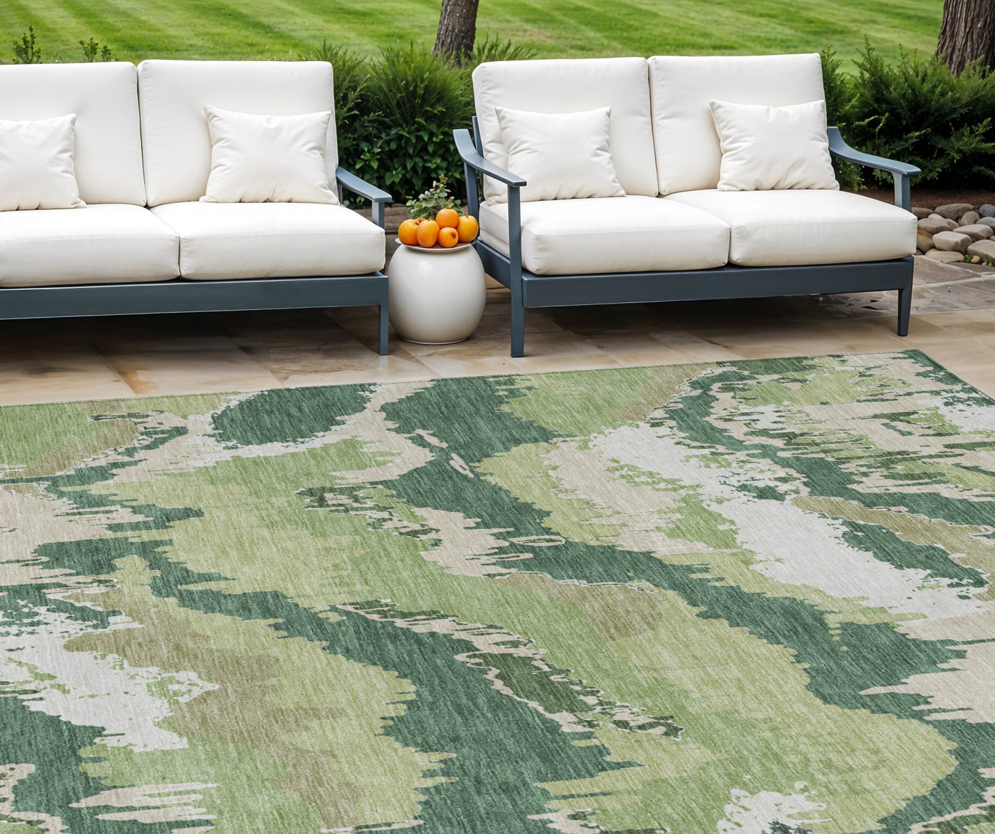 10' X 14' Green Ivory And Beige Abstract Washable Indoor Outdoor Area Rug