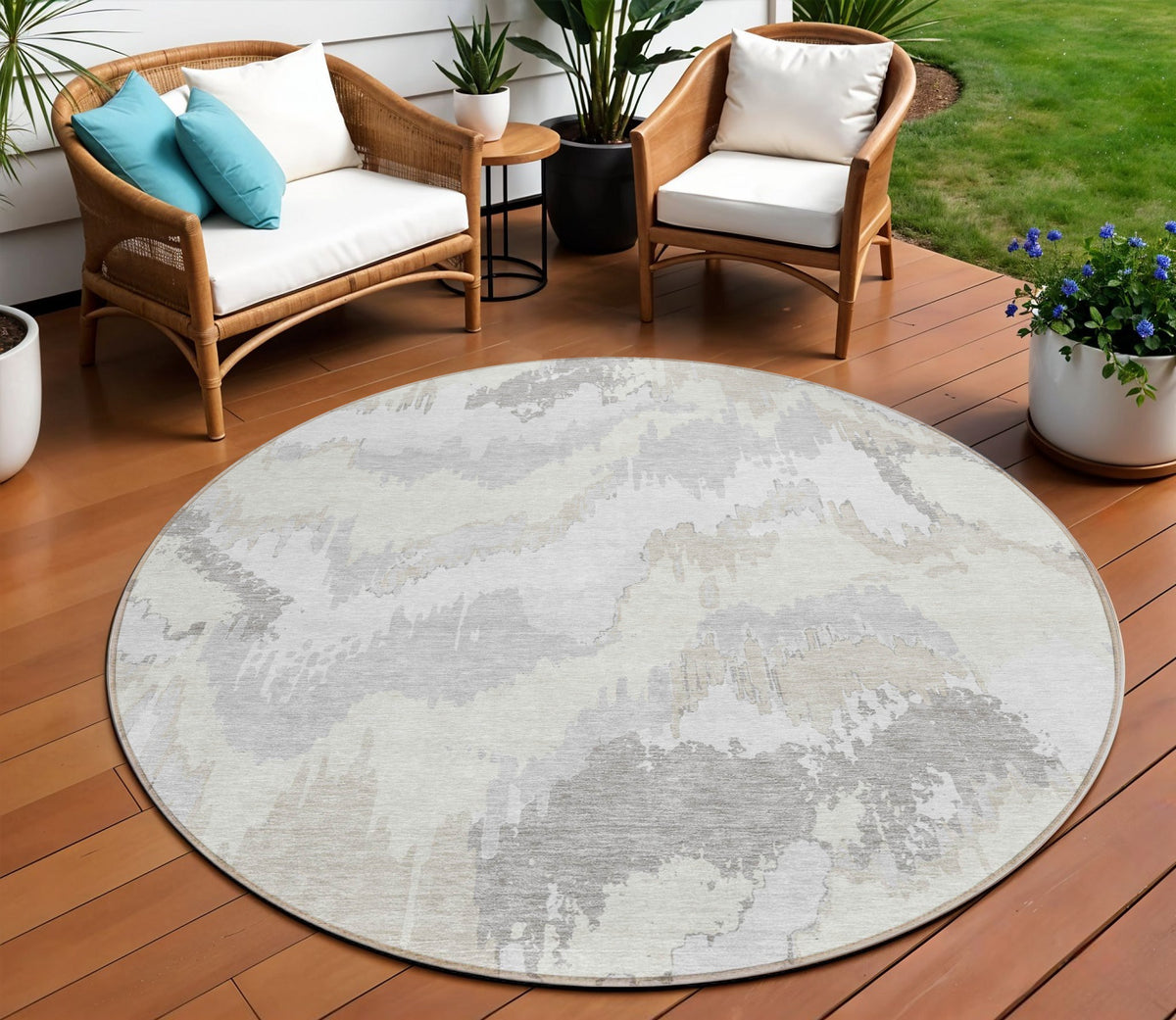 8' Ivory Beige And Cream Round Abstract Washable Indoor Outdoor Area Rug