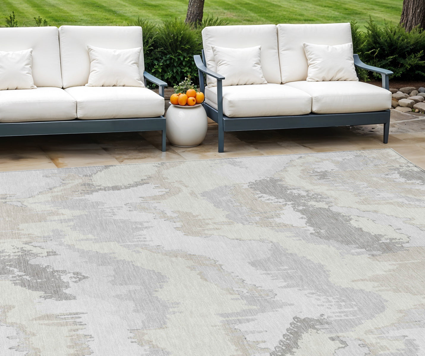 9' X 12' Ivory Beige And Cream Abstract Washable Indoor Outdoor Area Rug