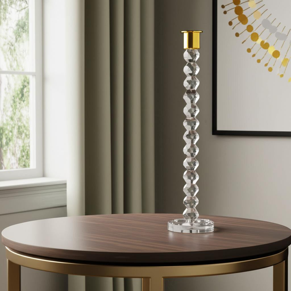 14'' Clear And Gold Geo Stacks Crystal Tabletop Taper Candlestick