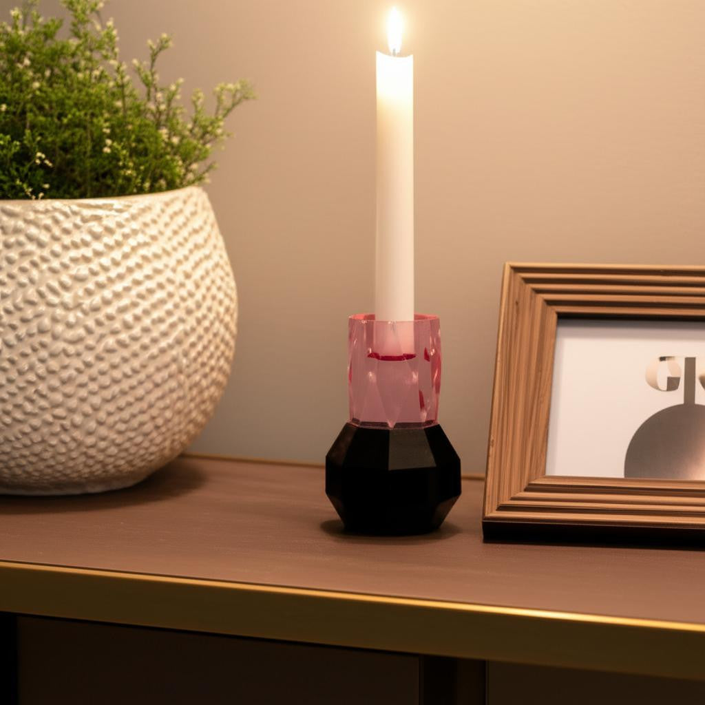 5'' Pink And Black Faceted Crystal Tabletop Taper Candlestick