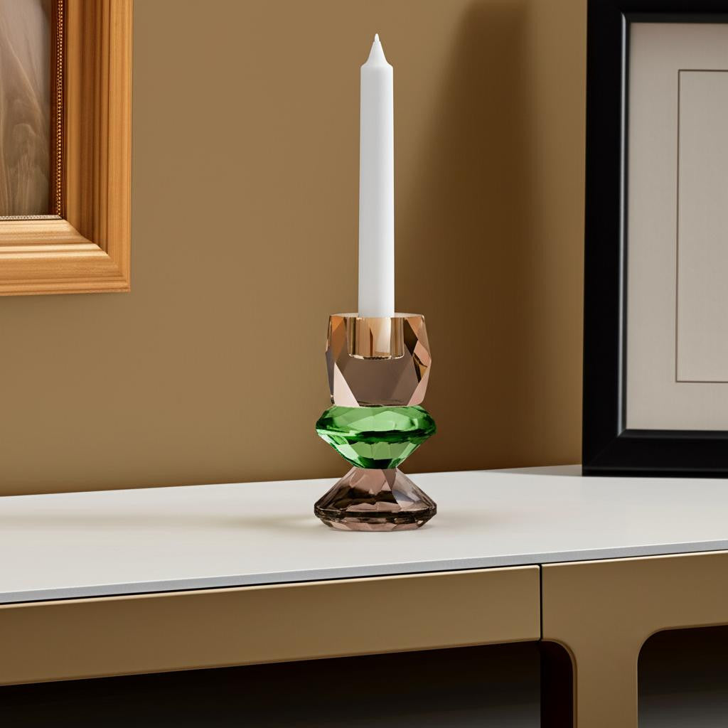 5'' Amber Green And Smoky Black Faceted Crystal Tabletop Taper Candlestick