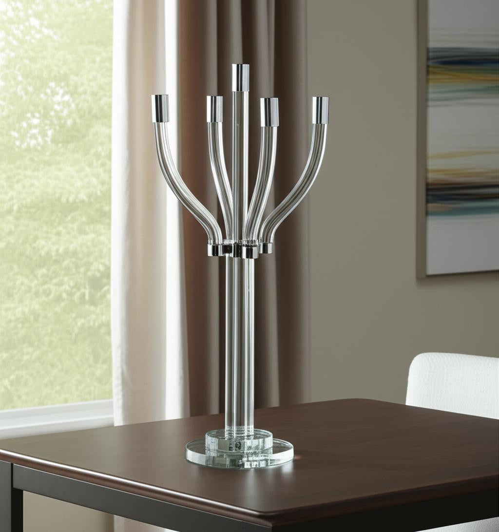 20'' Clear And Silver Crystal Tabletop Contempo Candelabra Candle Holder