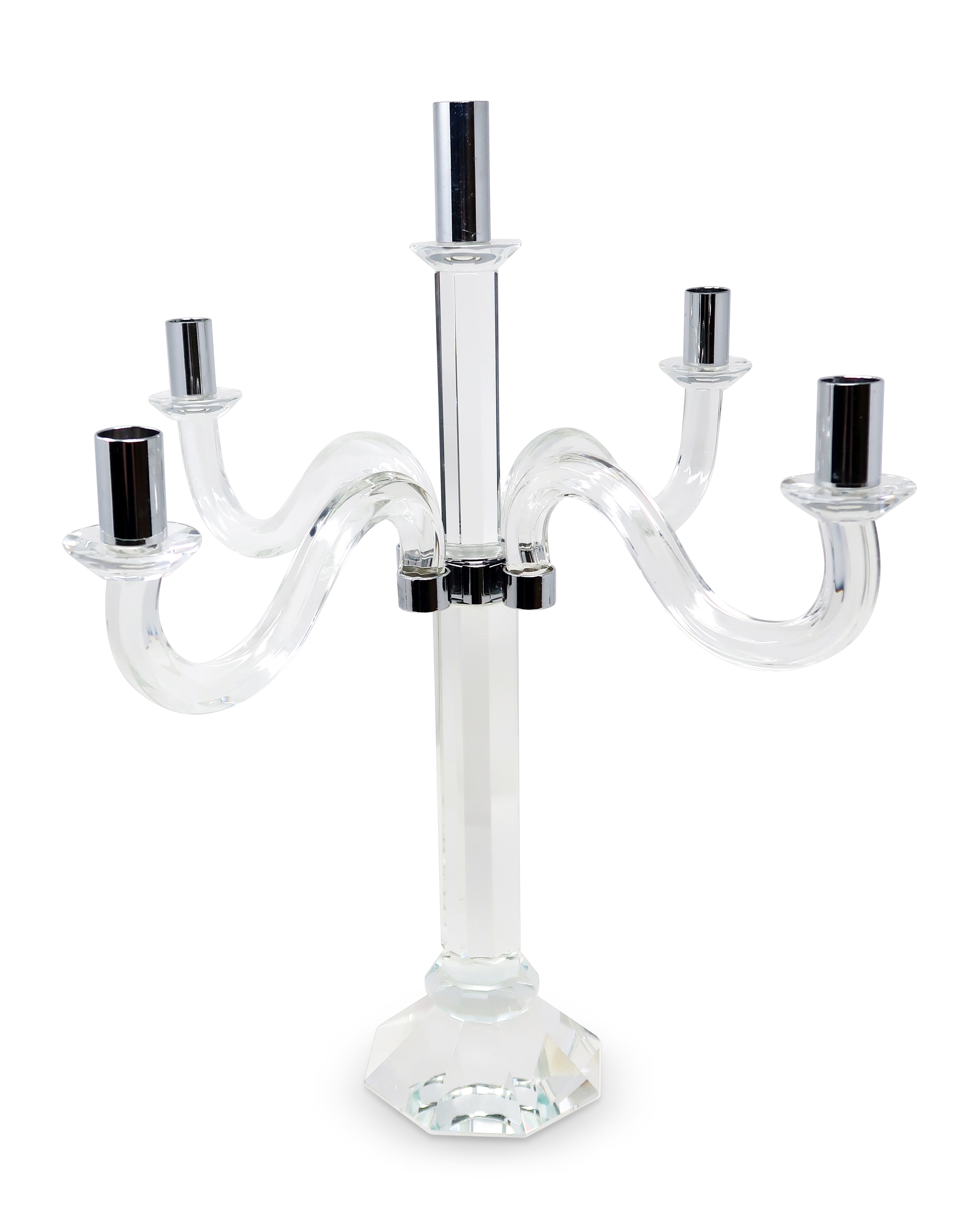 20'' Clear And Silver Crystal Tabletop Candelabra Candle Holder
