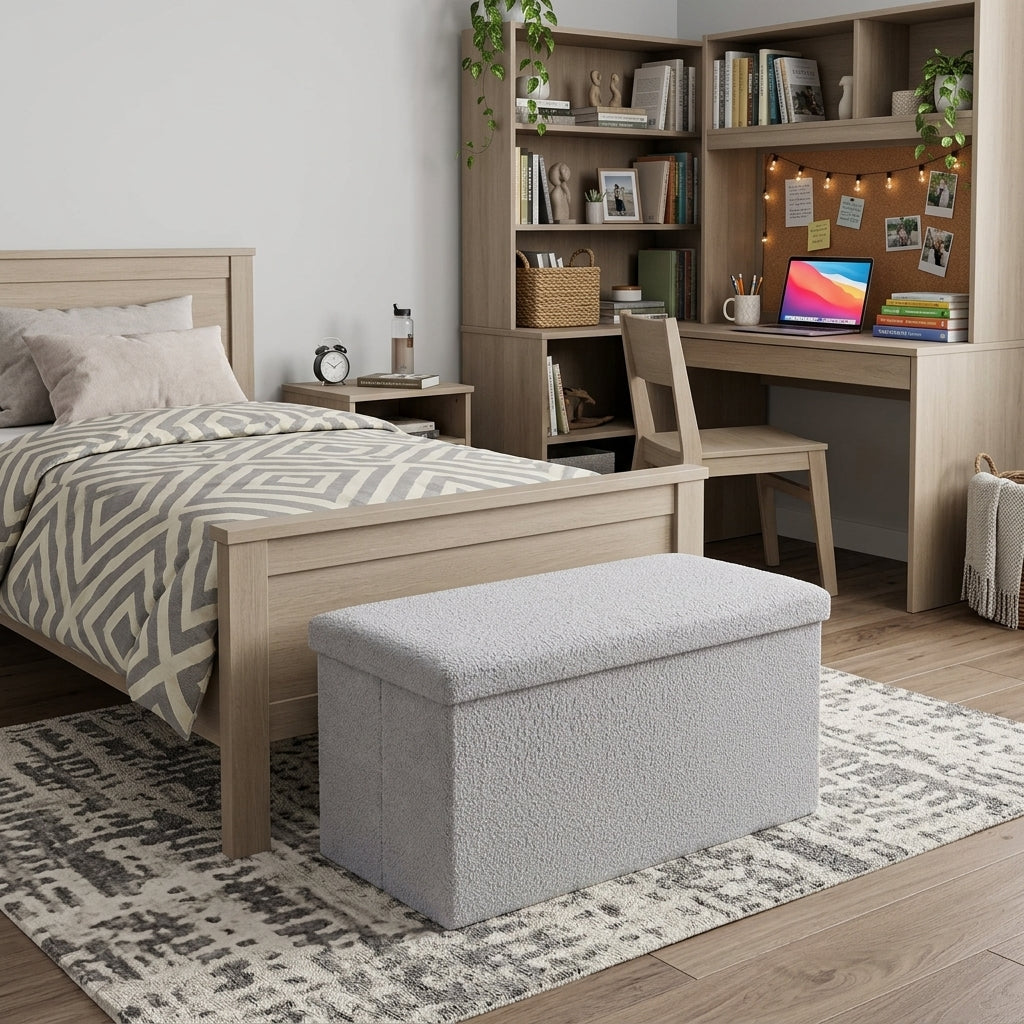 30 Gray Boucle Storage Ottoman