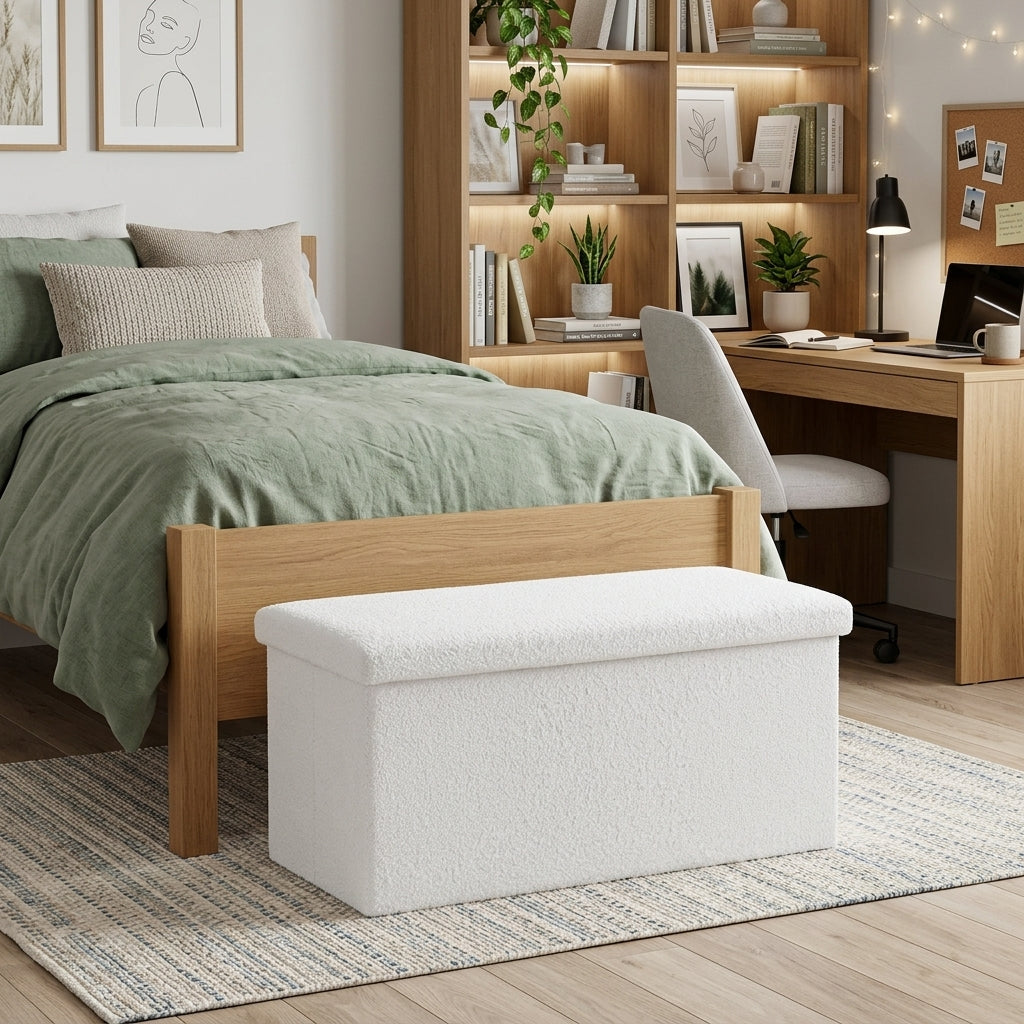 30 White Boucle Storage Ottoman