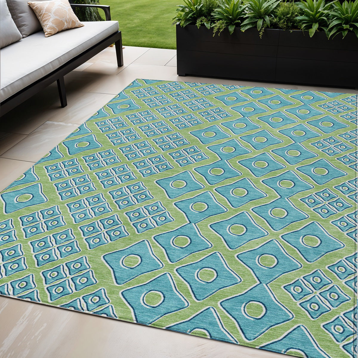 5' X 8' Artichoke Green And Aqua Geometric Washable Indoor Outdoor Area Rug
