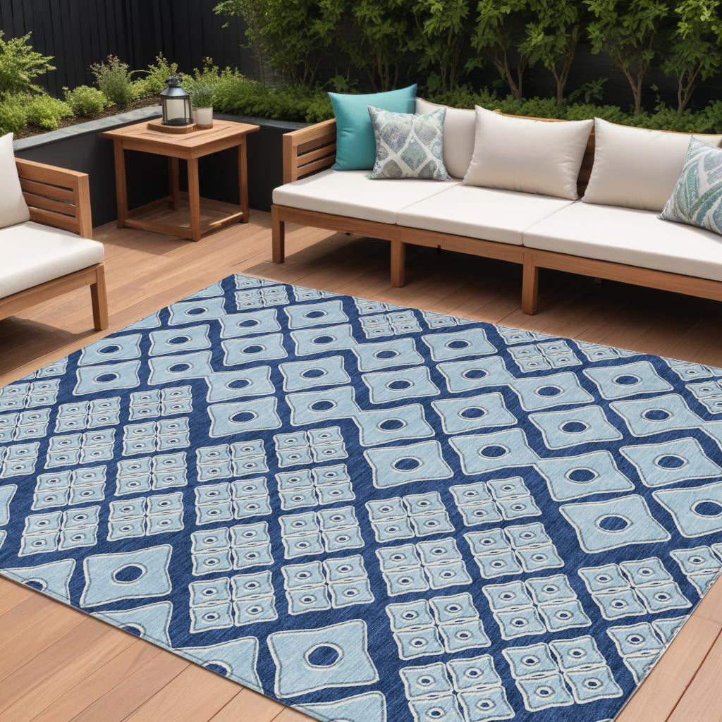 9' X 12' Navy Blue And Light Blue Geometric Washable Indoor Outdoor Area Rug
