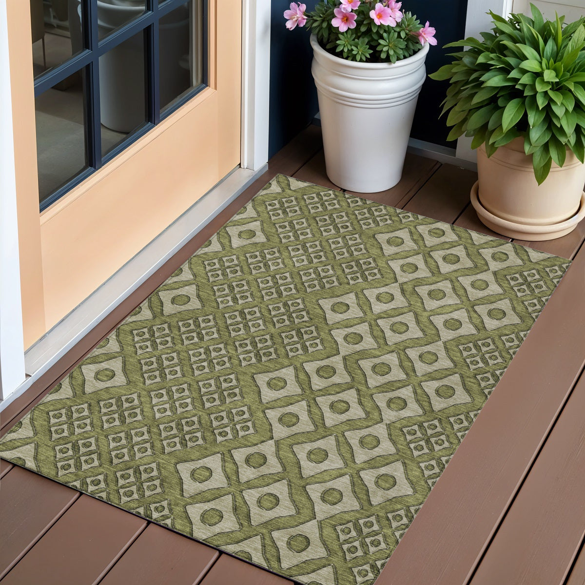 3' X 5' Olive Green And Gray Geometric Washable Indoor Outdoor Area Rug