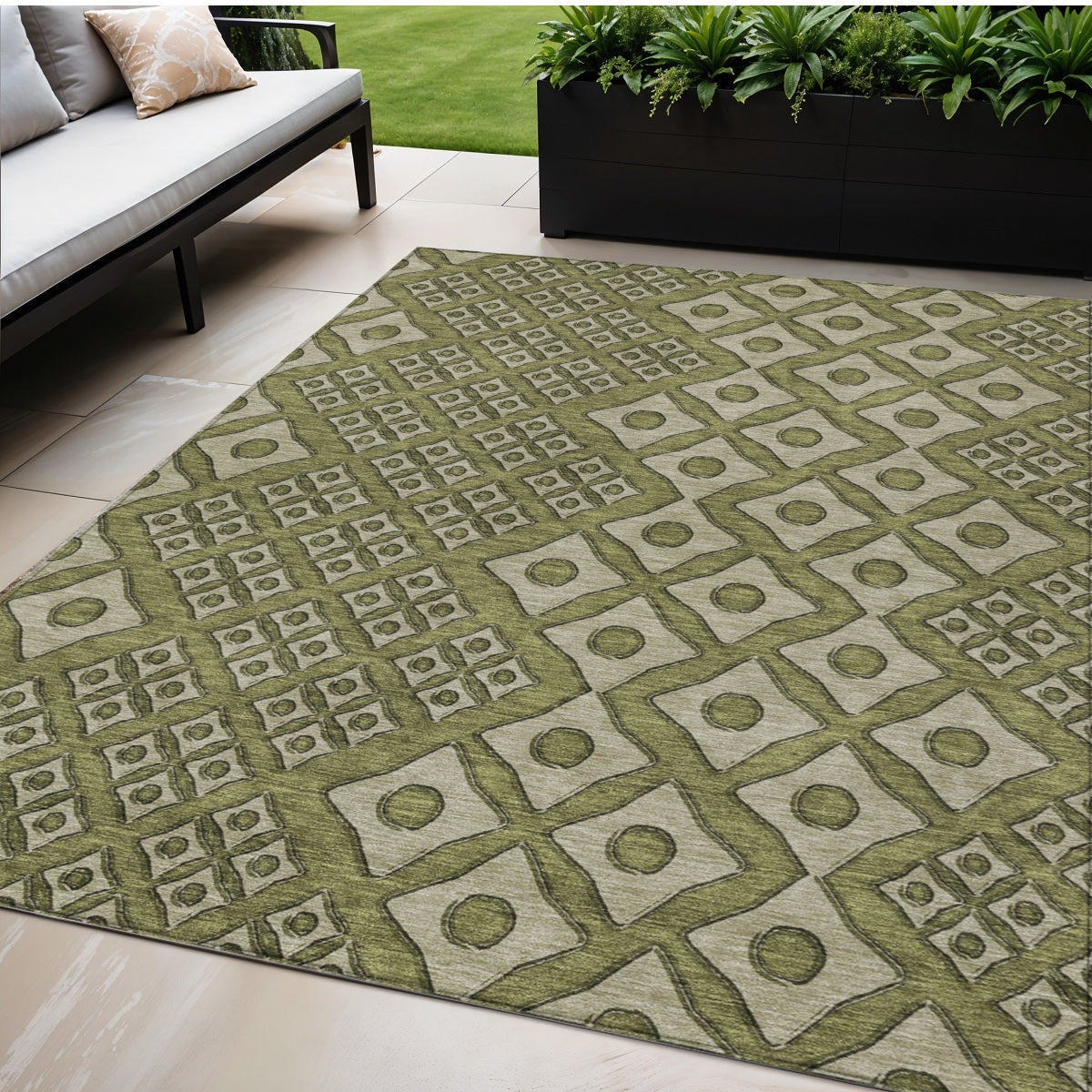 5' X 8' Olive Green And Gray Geometric Washable Indoor Outdoor Area Rug