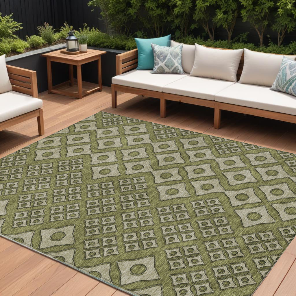 9' X 12' Olive Green And Gray Geometric Washable Indoor Outdoor Area Rug