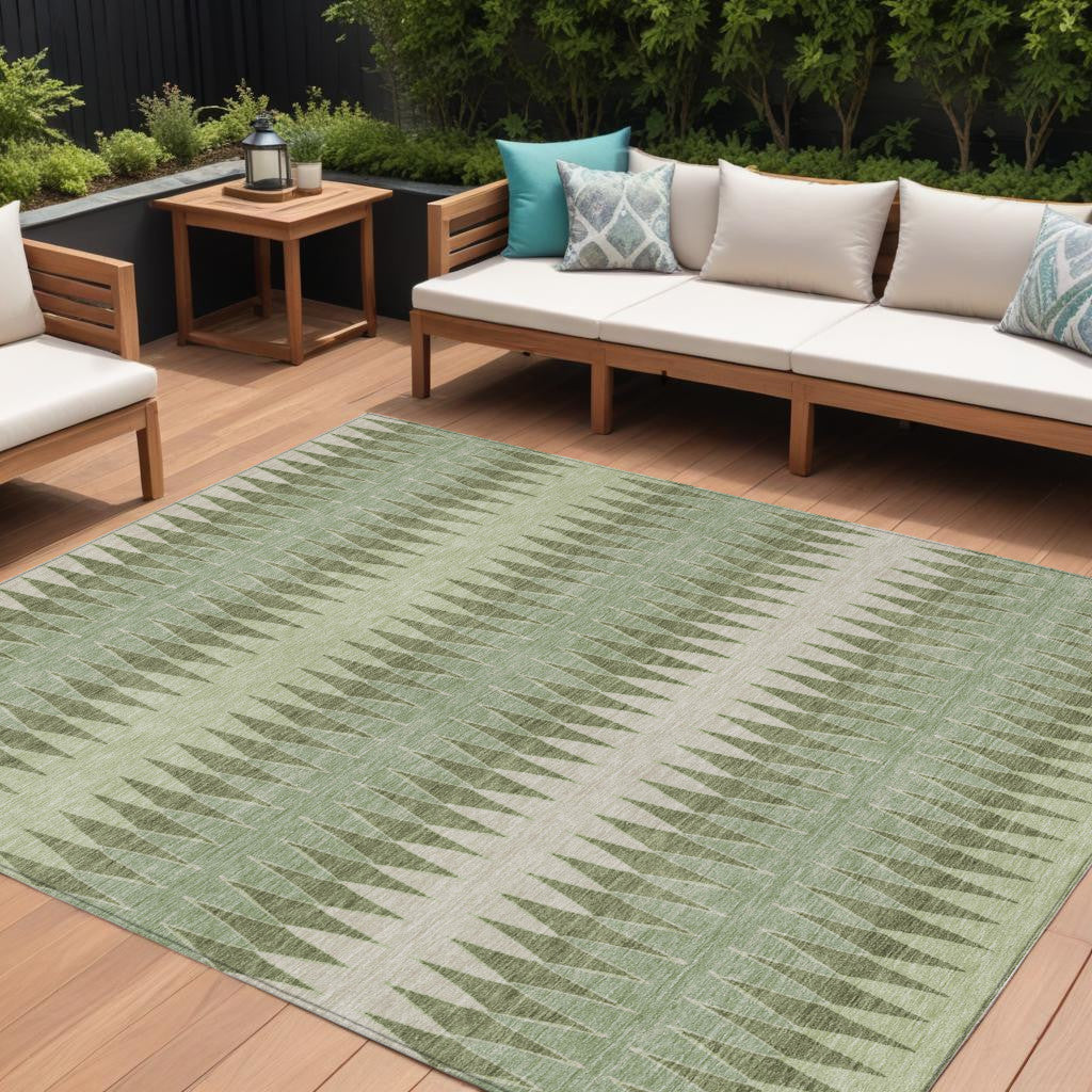 10' X 14' Artichoke Green And Light Green Striped Washable Indoor Outdoor Area Rug