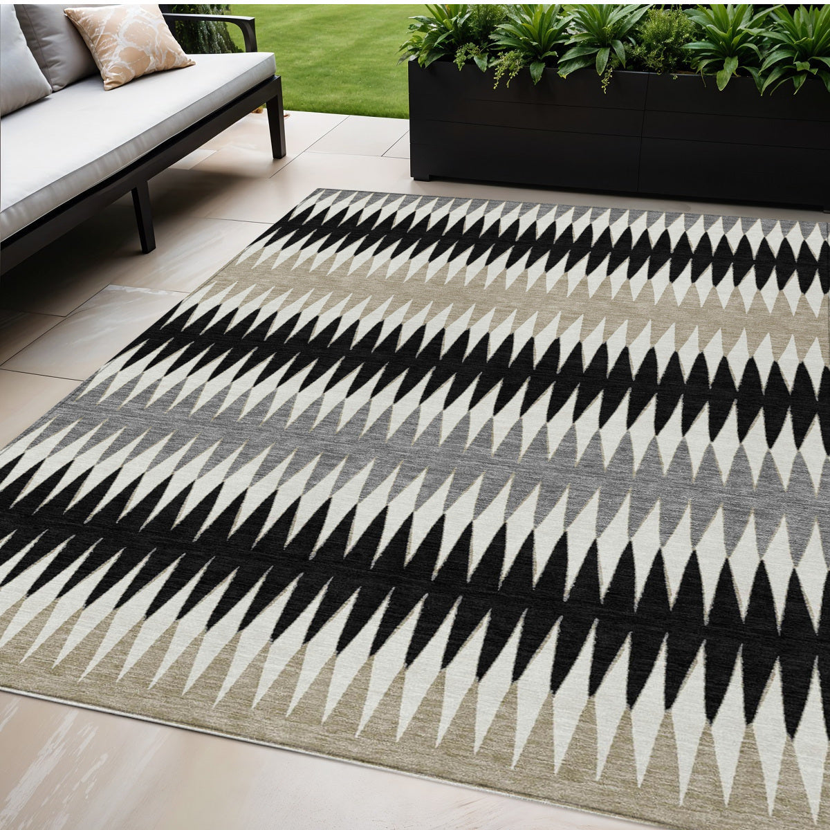 5' X 8' Black Gray And Beige Striped Washable Indoor Outdoor Area Rug