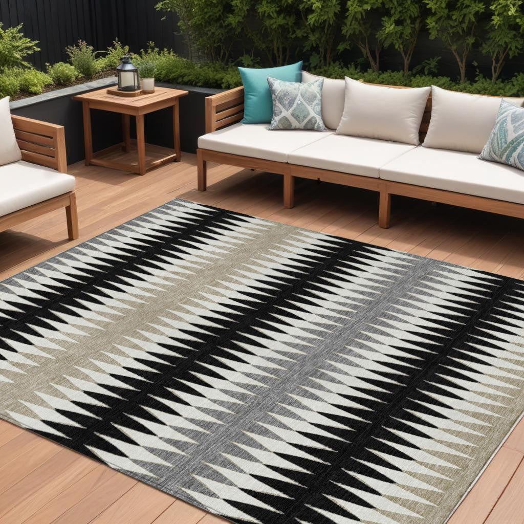 10' X 14' Black Gray And Beige Striped Washable Indoor Outdoor Area Rug