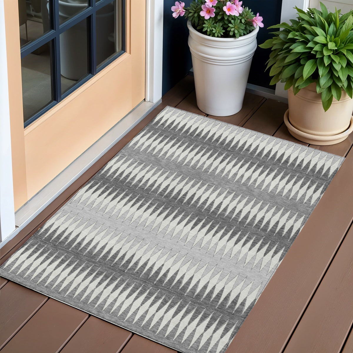 3' X 5' Gray And Ivory Striped Washable Indoor Outdoor Area Rug