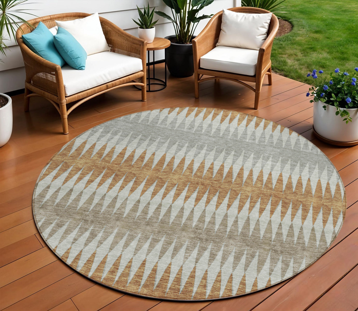 8' Orange Gray And Beige Round Striped Washable Indoor Outdoor Area Rug