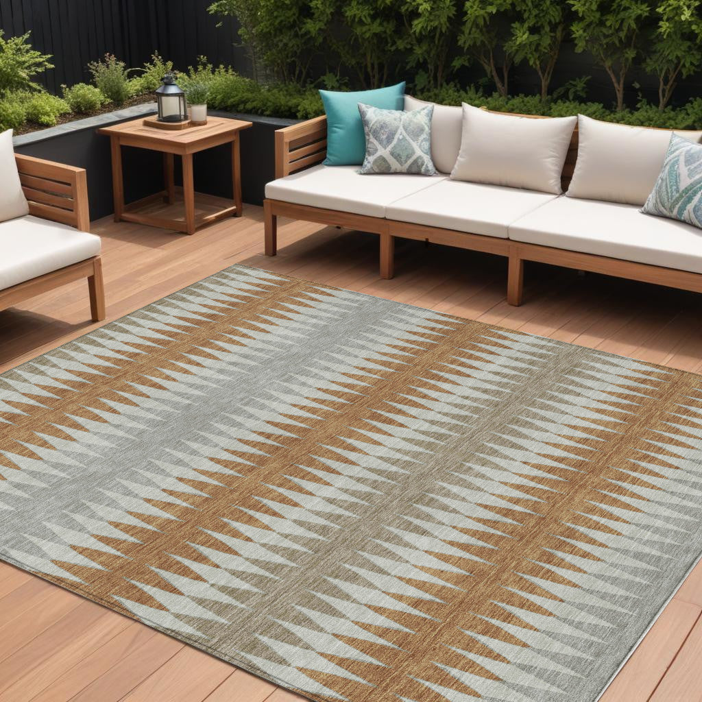 9' X 12' Orange Gray And Beige Striped Washable Indoor Outdoor Area Rug