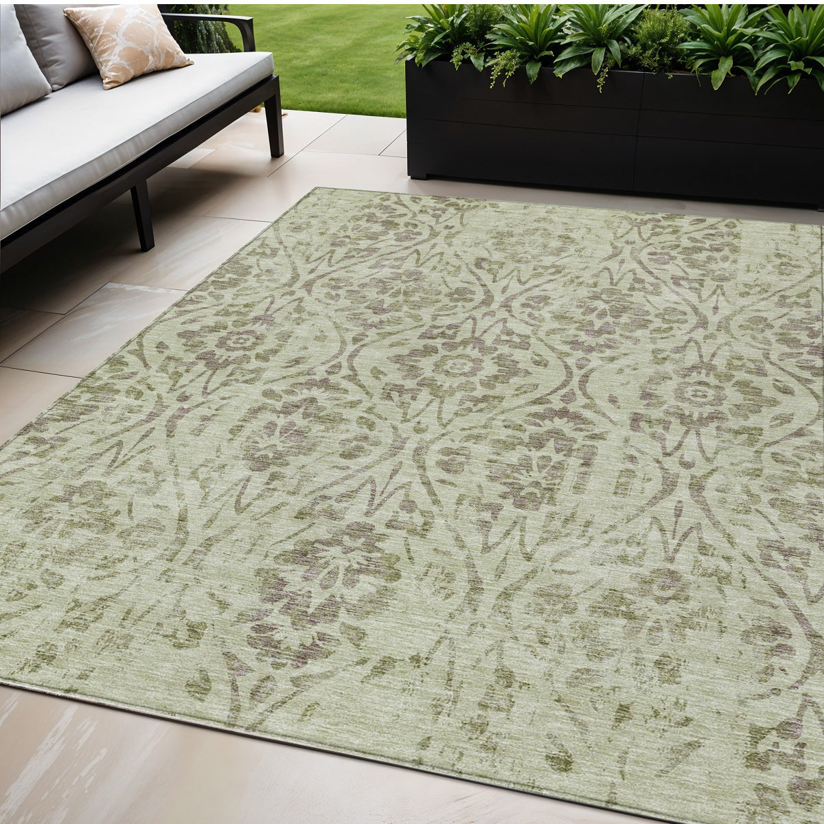 5' X 8' Artichoke Green And Brown Floral Washable Indoor Outdoor Area Rug