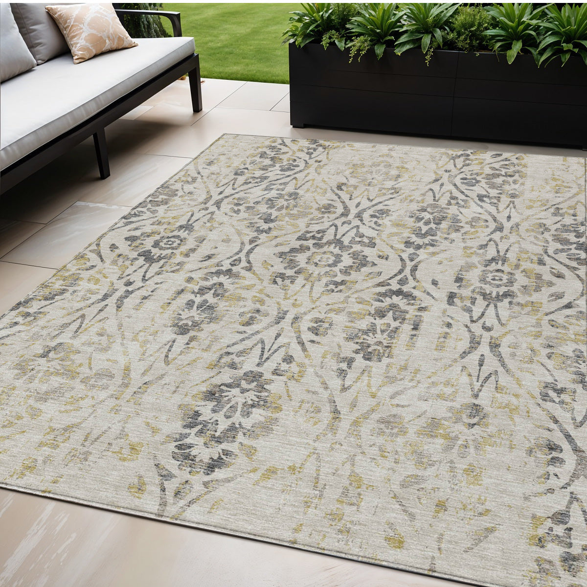 5' X 8' Beige And Dark Gray Floral Washable Indoor Outdoor Area Rug
