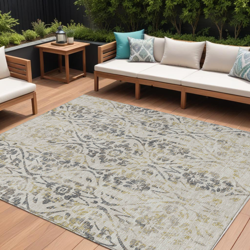 10' X 14' Beige And Dark Gray Floral Washable Indoor Outdoor Area Rug