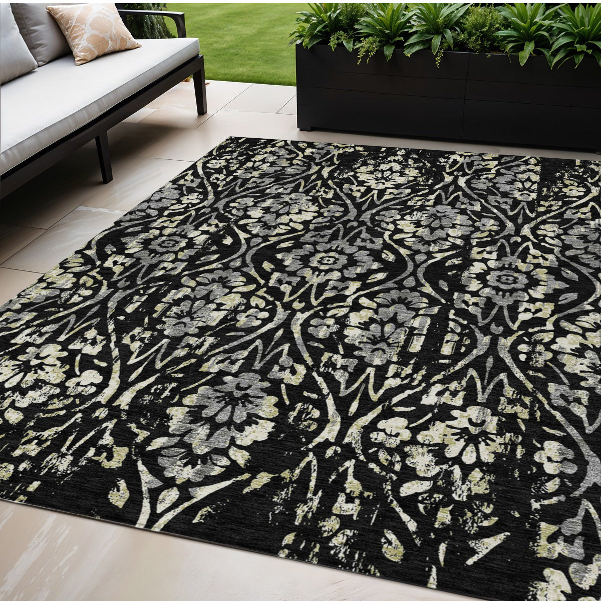 5' X 8' Black Gray And Ivory Floral Washable Indoor Outdoor Area Rug