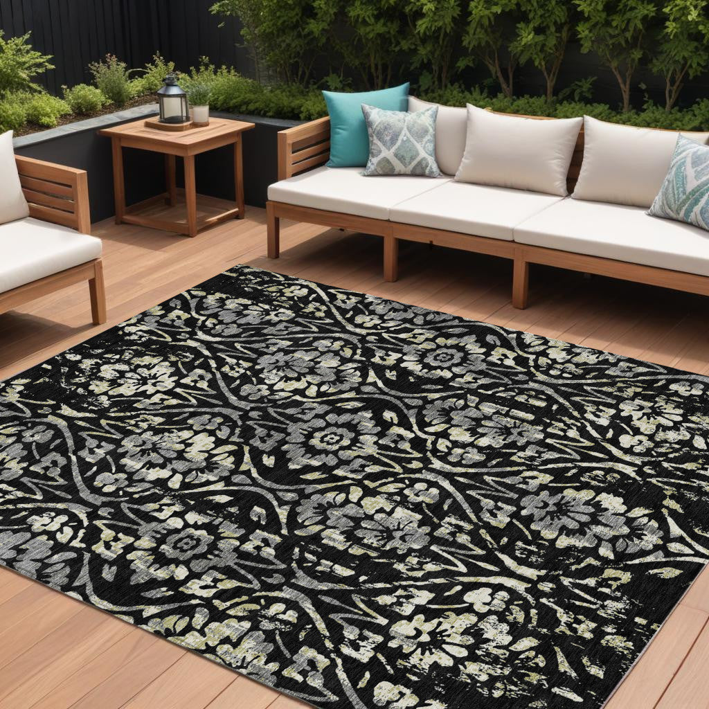 10' X 14' Black Gray And Ivory Floral Washable Indoor Outdoor Area Rug