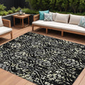 10' X 14' Black Gray And Ivory Floral Washable Indoor Outdoor Area Rug