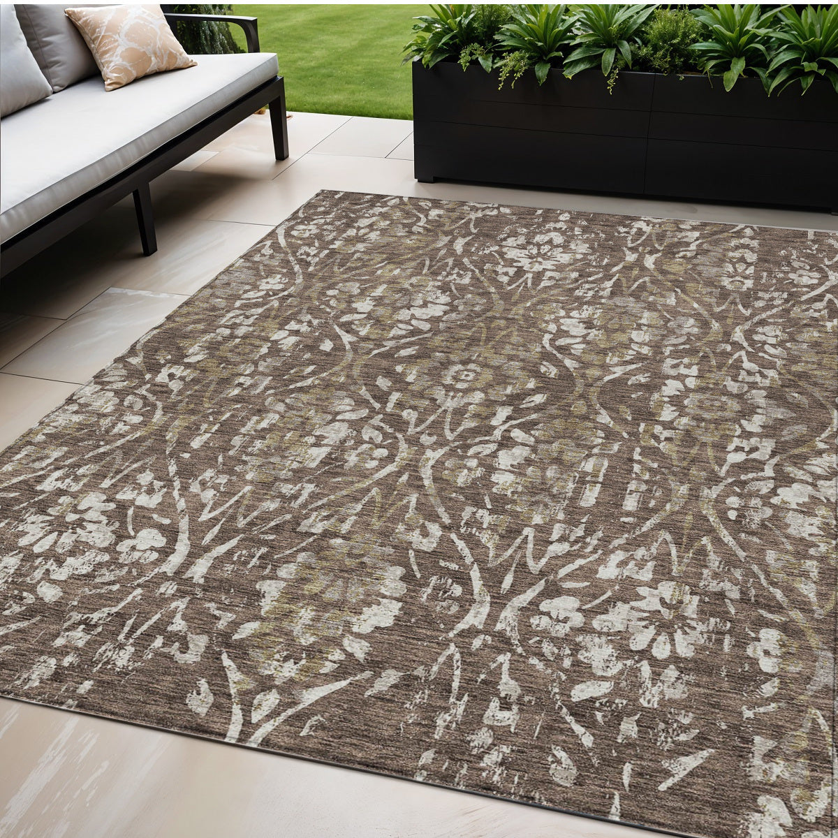 5' X 8' Brown Ivory And Green Floral Washable Indoor Outdoor Area Rug