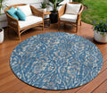 8' Blue And Ivory Round Floral Washable Indoor Outdoor Area Rug