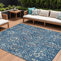 9' X 12' Blue And Ivory Floral Washable Indoor Outdoor Area Rug