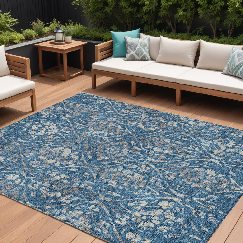 9' X 12' Blue And Ivory Floral Washable Indoor Outdoor Area Rug