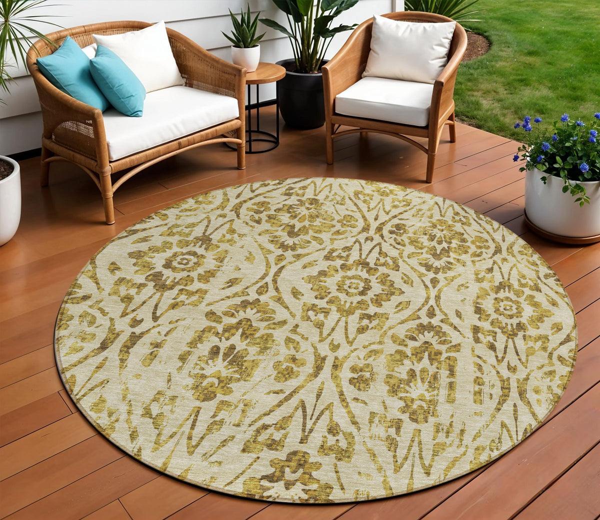 8' Gold And Brown Round Floral Washable Indoor Outdoor Area Rug
